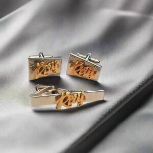 Vintage Two-Tone "Ray" Cufflinks and Tie Clip Set – Personalized Men’s Jewelry